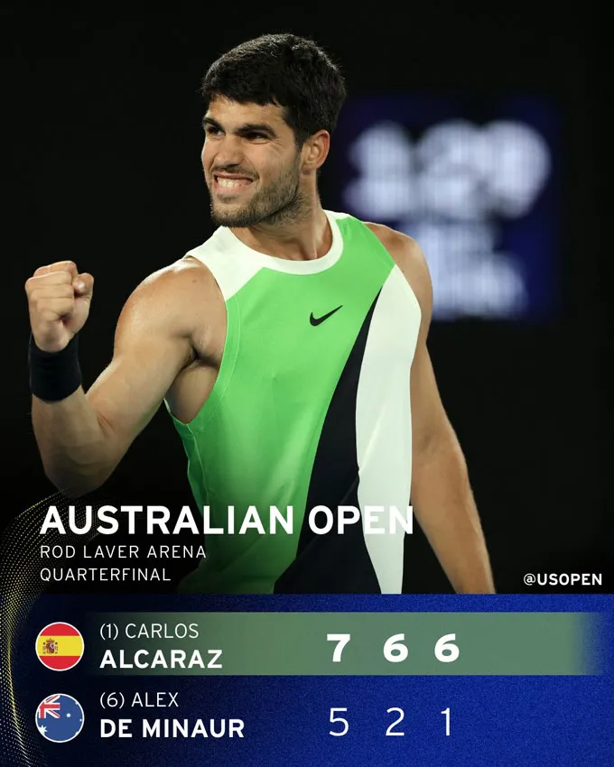 Carlos Alcaraz ăn mừng chiến thắng tại tứ kết Australia Open 2026