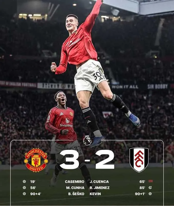 Sesko ghi bàn ấn định chiến thắng 3-2 cho MU trước Fulham ở phút 90+4